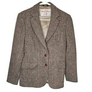 Harris Tweed 100% Wool Herringbone Blazer 12 Scottish Brown USA Old Money